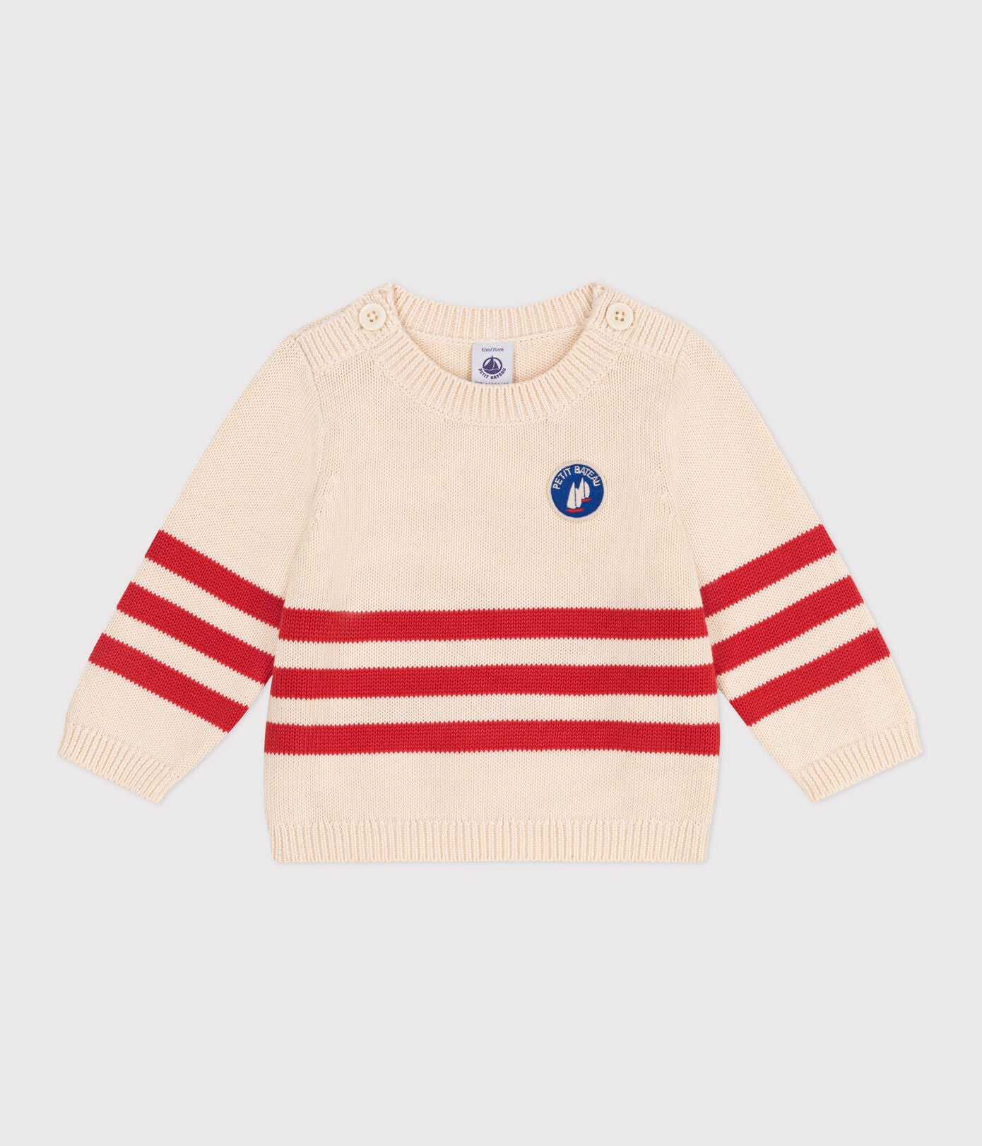 PB-NB036 - Petit Bateau Cotton sweater with applied stripes and emblem on the chest for newborns