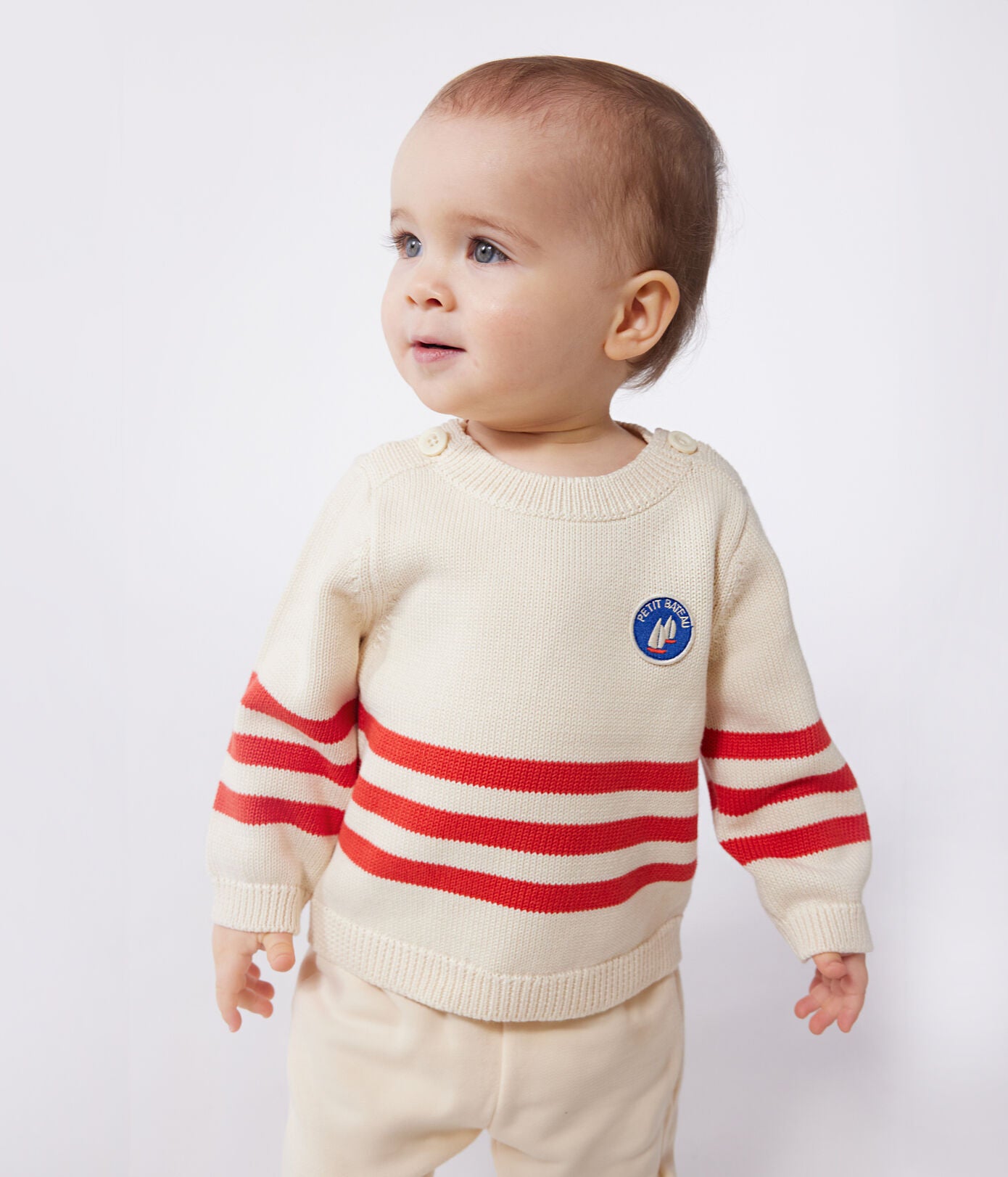 PB-NB036 - Petit Bateau Cotton sweater with applied stripes and emblem on the chest for newborns
