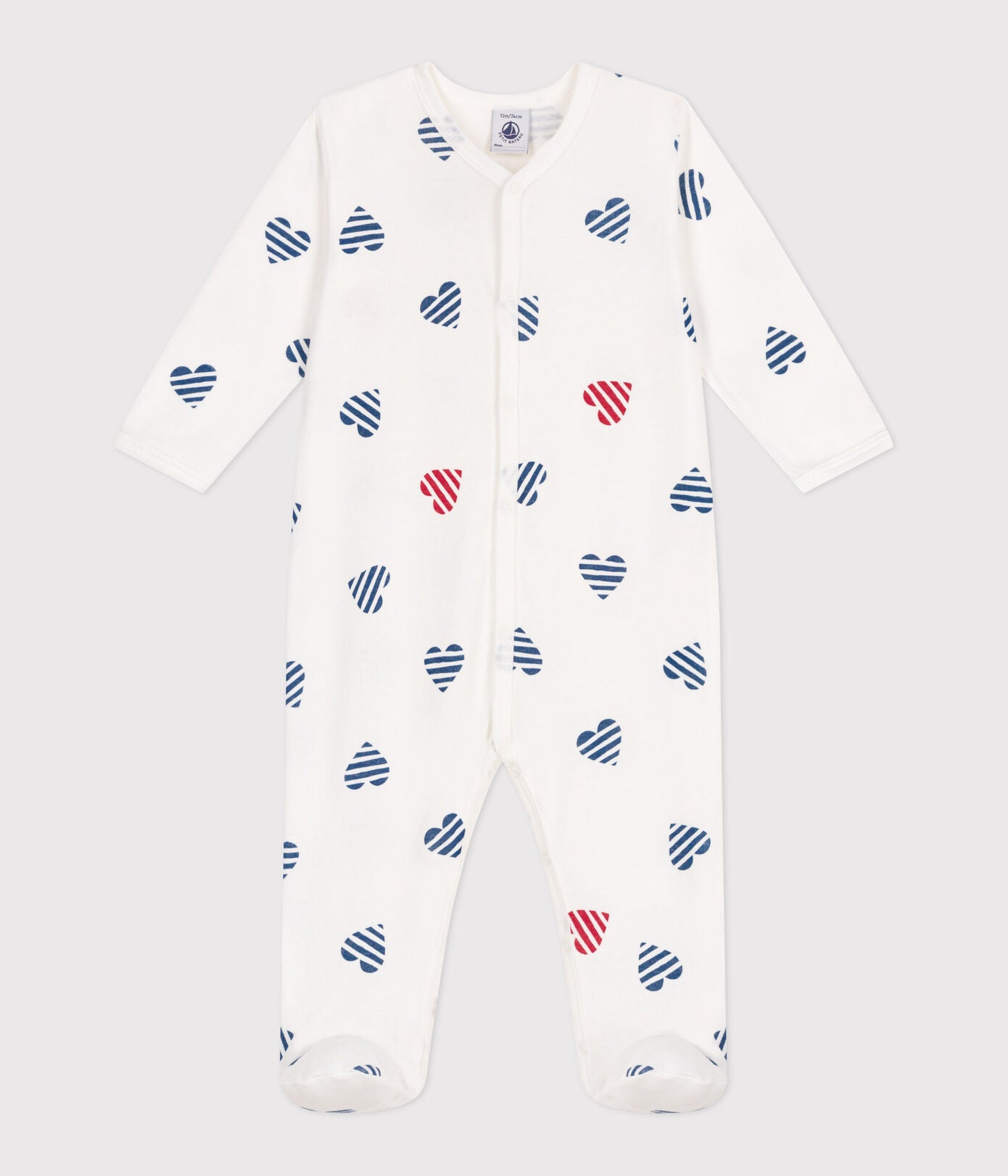 PB-NG030 - Petit Bateau Baby pyjamas in cotton to stripes with hearts - Marshmallow / Multico