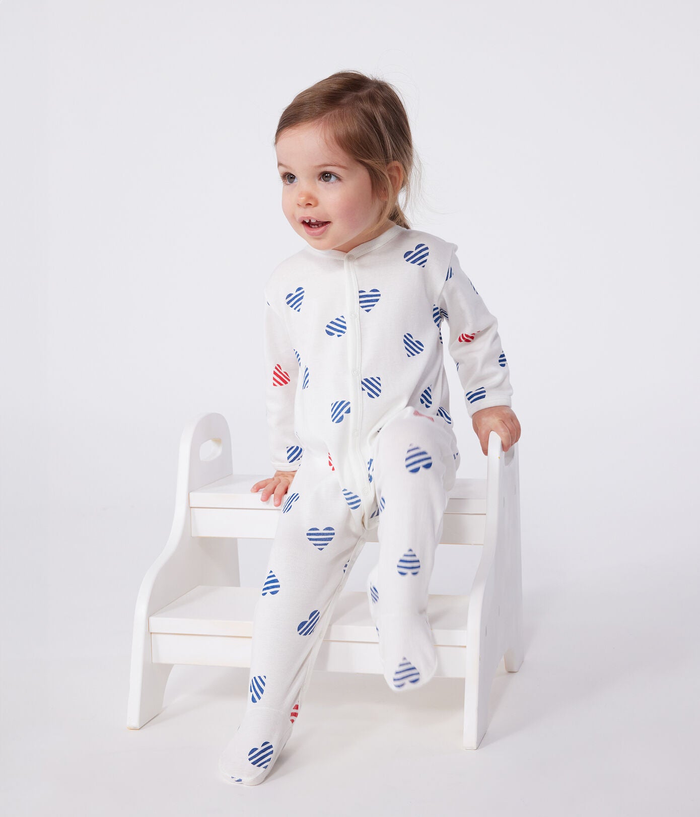 PB-NG030 - Petit Bateau Baby pyjamas in cotton to stripes with hearts - Marshmallow / Multico
