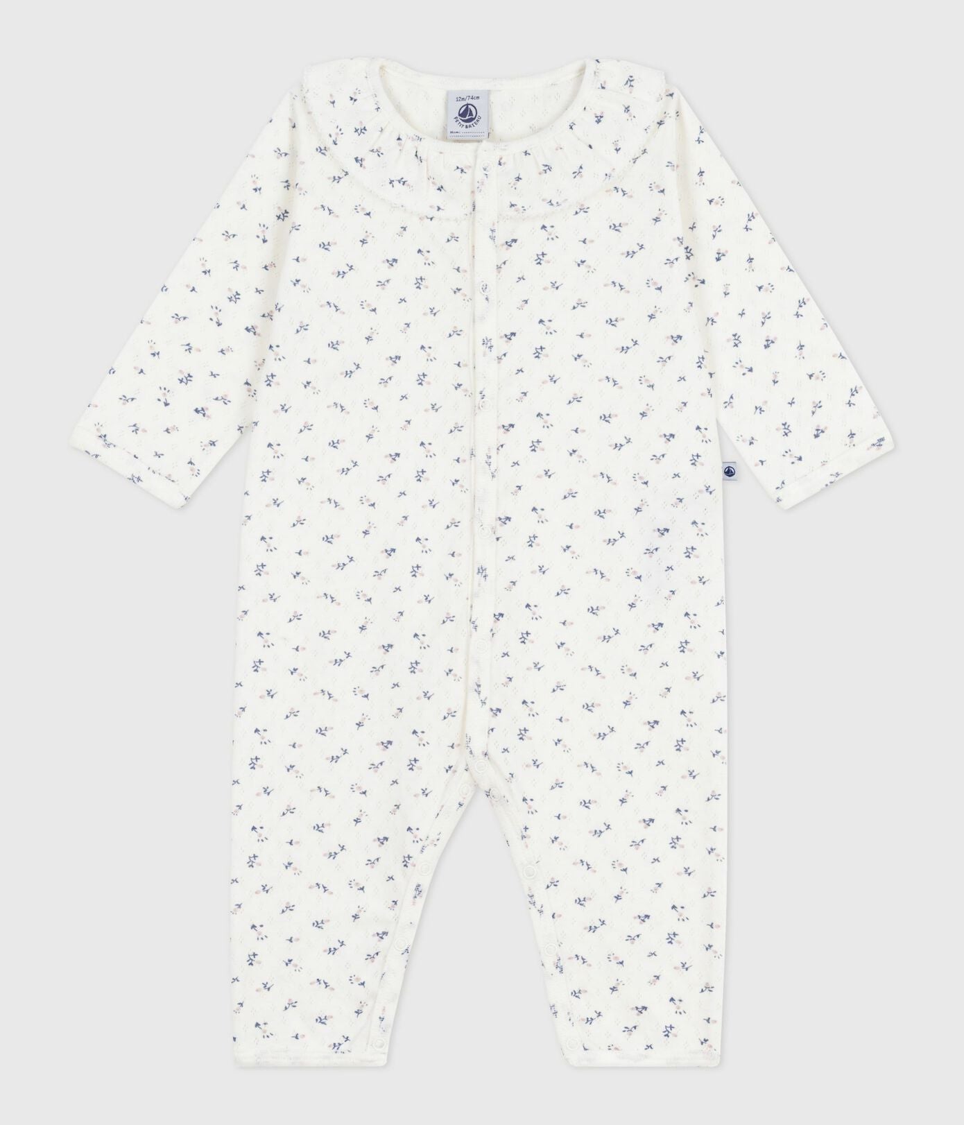 PB-NG034 - Petit Bateau Baby pyjamas without feet in cotton openwork with collar with print to floral - Marshmallow / Multico
