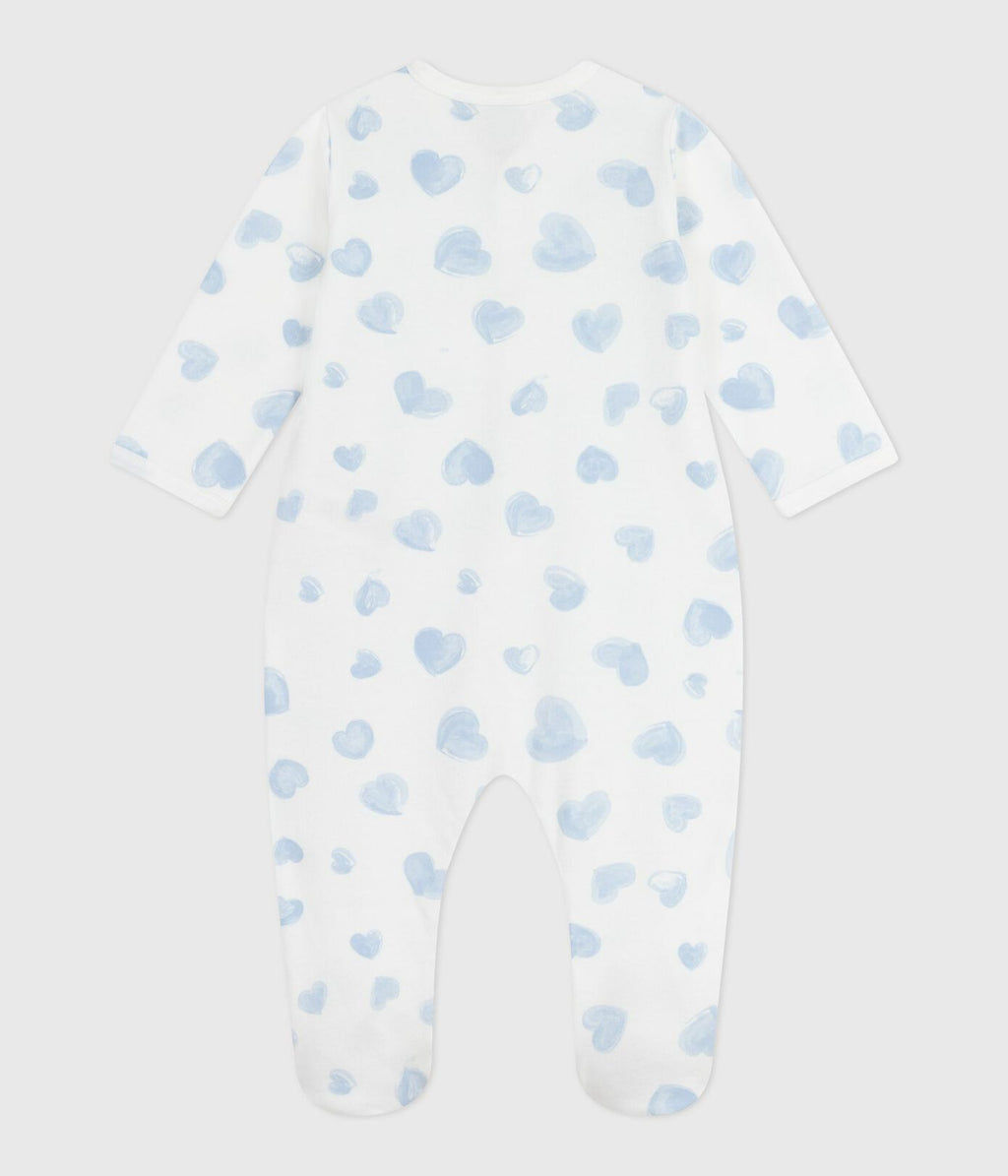 PB-NG029 - Petit Bateau Baby pyjamas in fleece with heart prints - Marshmallow / Adriatic