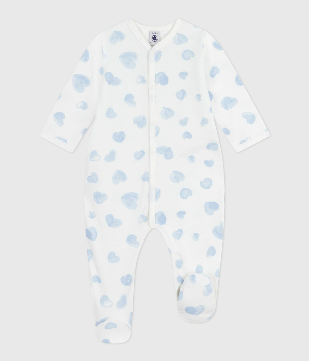PB-NG029 - Petit Bateau Baby pyjamas in fleece with heart prints - Marshmallow / Adriatic