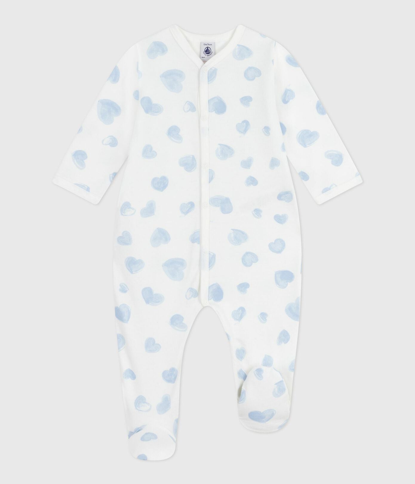 PB-NG029 - Petit Bateau Baby pyjamas in fleece with heart prints - Marshmallow / Adriatic