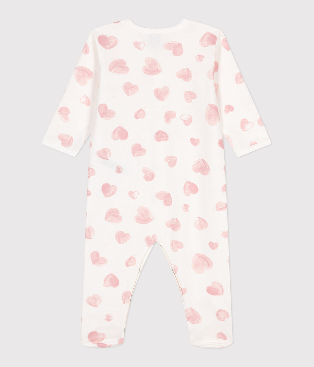 PB-NG021 - Petit Bateau Baby Brushed Fleece Pyjamas Heart Print (White / Pink)