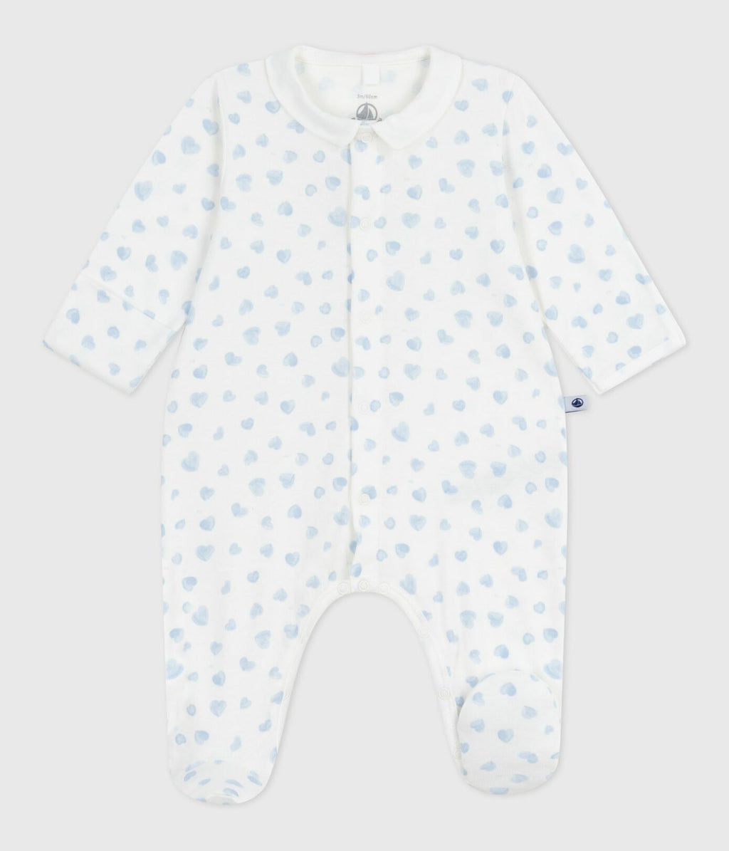 PB-NG028 - Petit Bateau Baby pyjamas in cotton with collar and print to hearts - Marshmallow / Adriatic