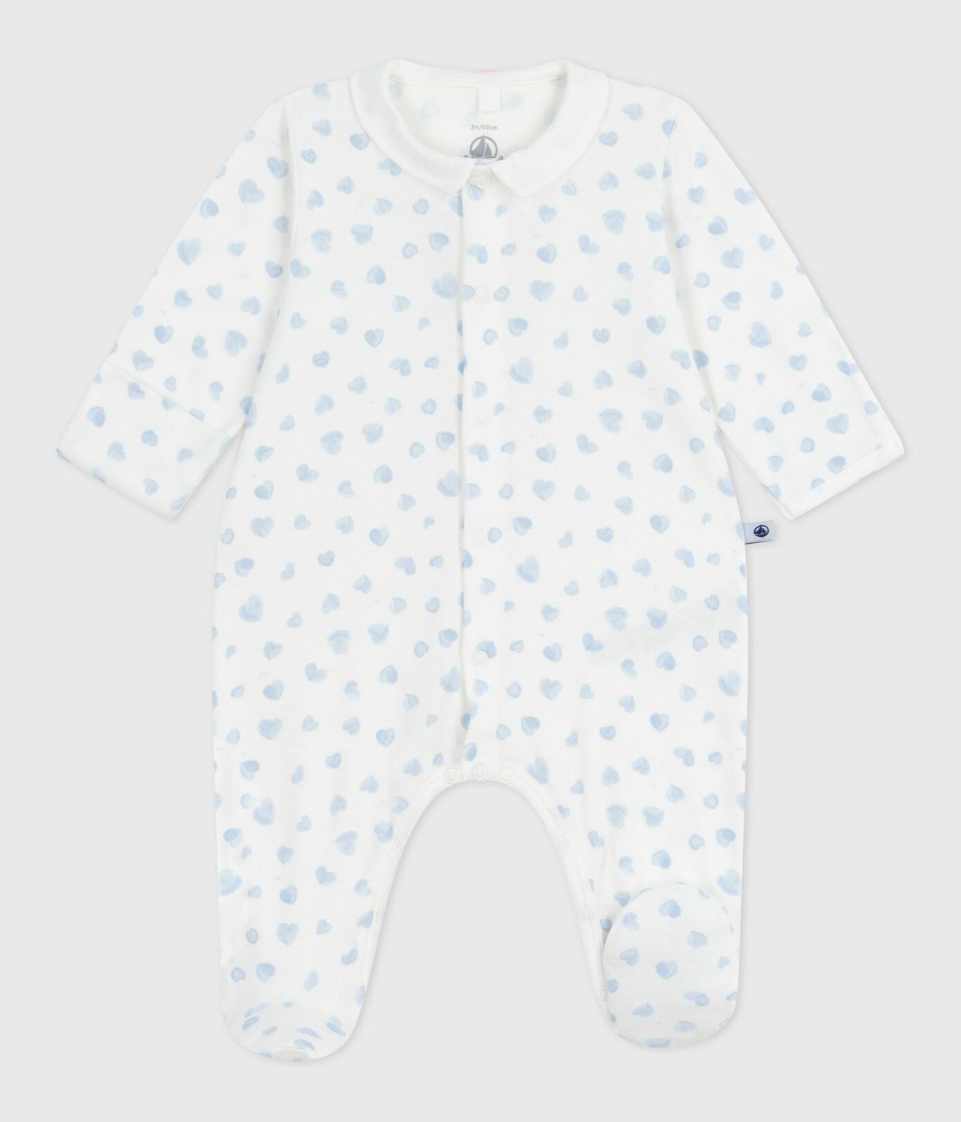PB-NG028 - Petit Bateau Baby pyjamas in cotton with collar and print to hearts - Marshmallow / Adriatic