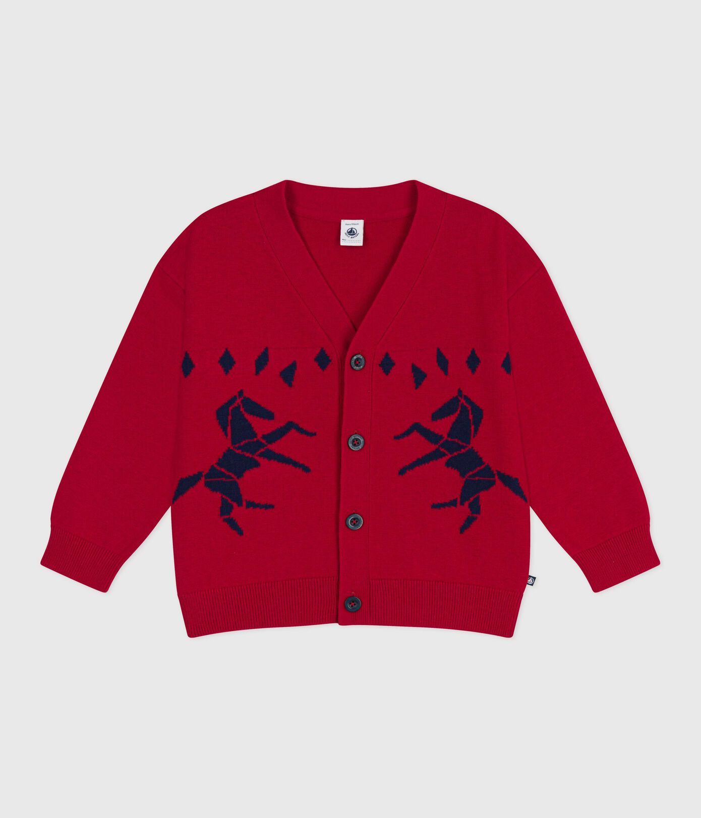 PB-TB032 - Petit Bateau Patterned wool and cotton cardigan for boys (ecru/red)
