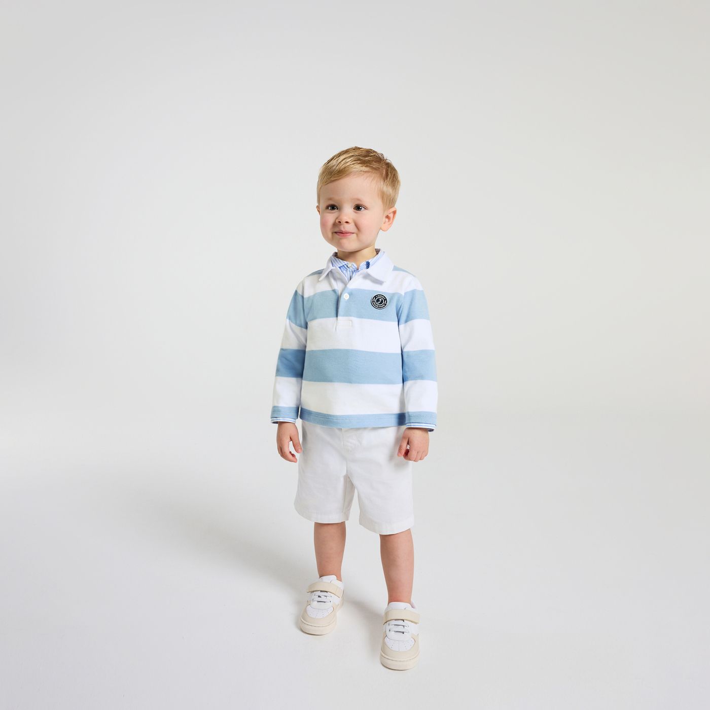 Baby boy long-sleeved polo shirt - White/Sky Blue