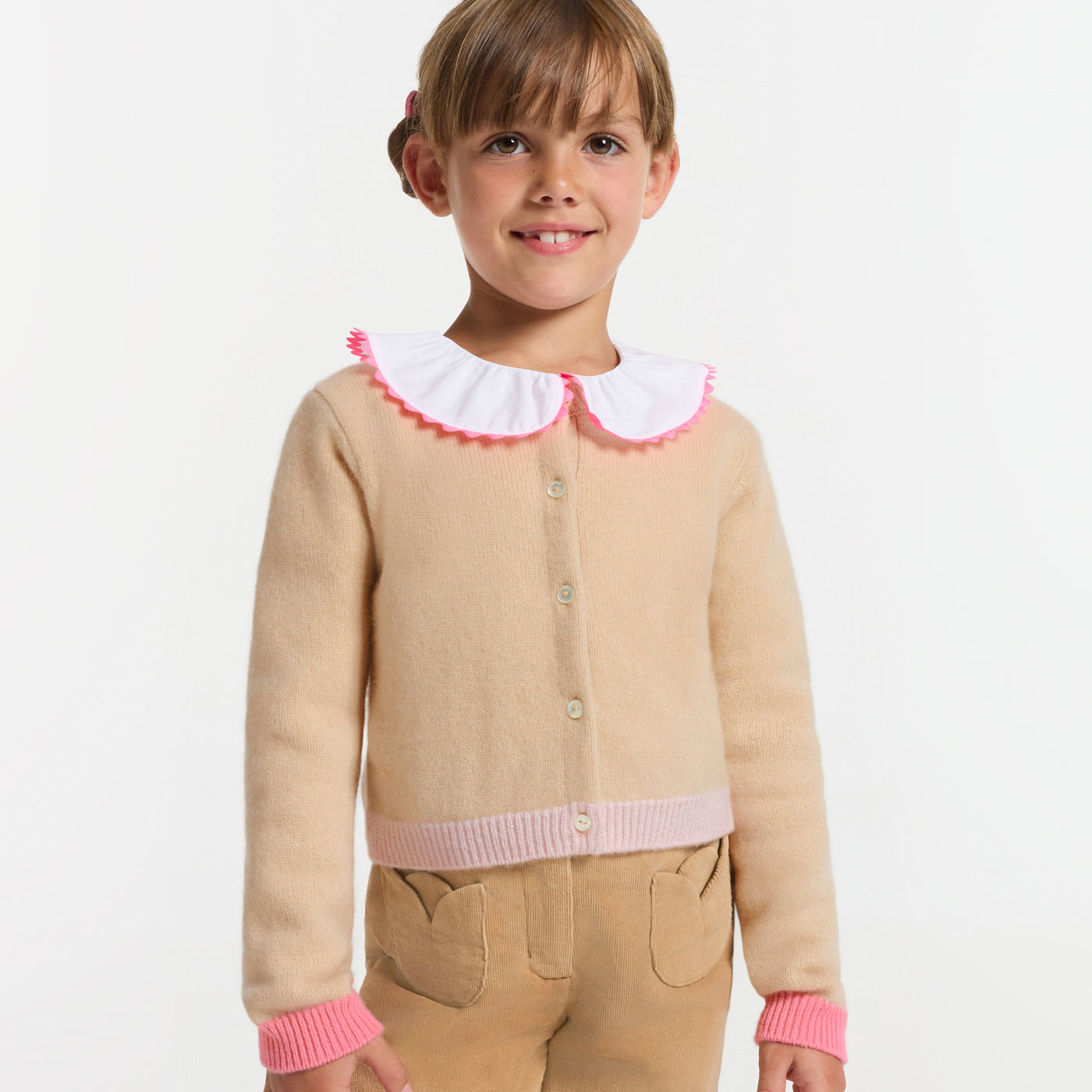 Girls cashmere cardigan in light brown, worn look