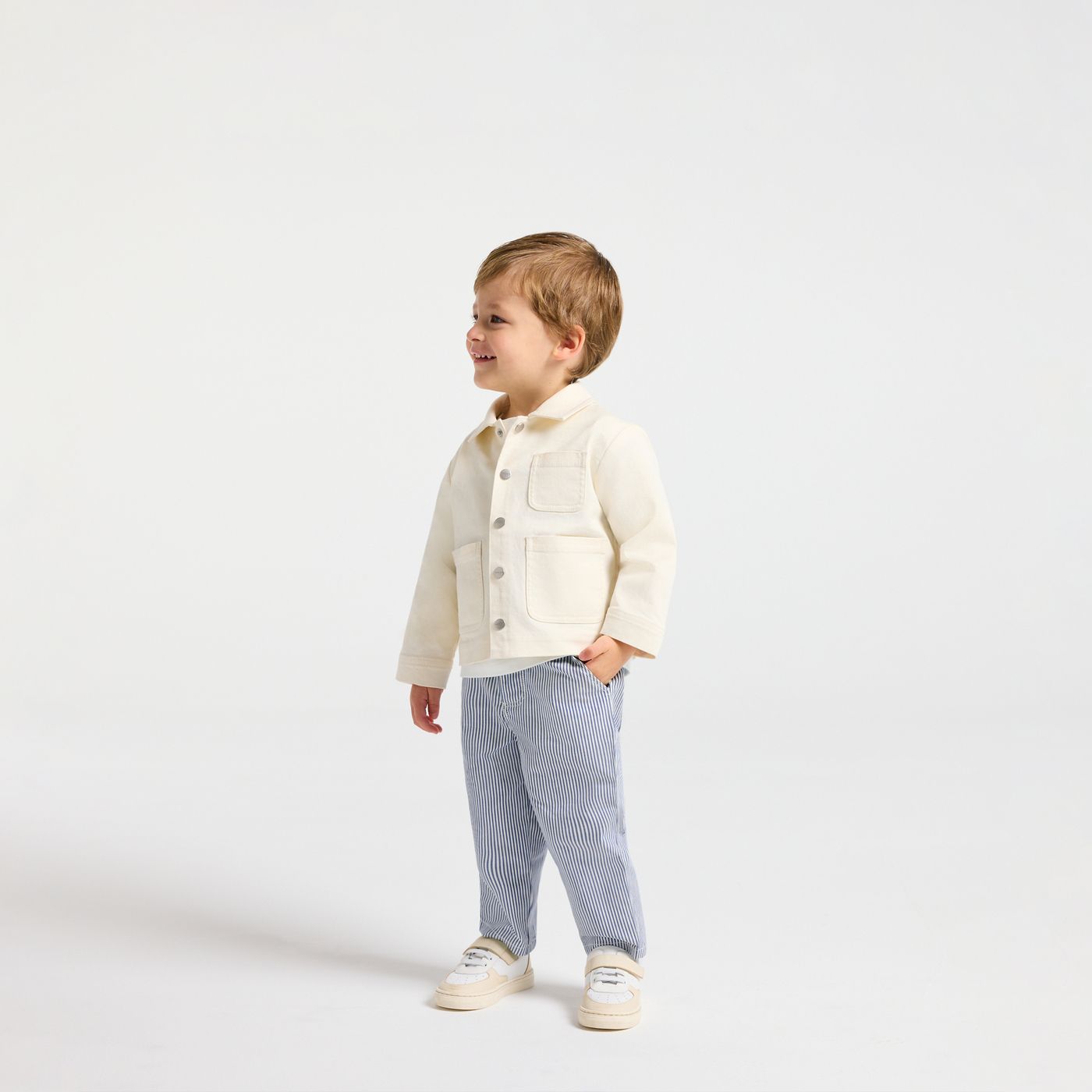 Baby boy striped twill trousers - White/Light Blue
