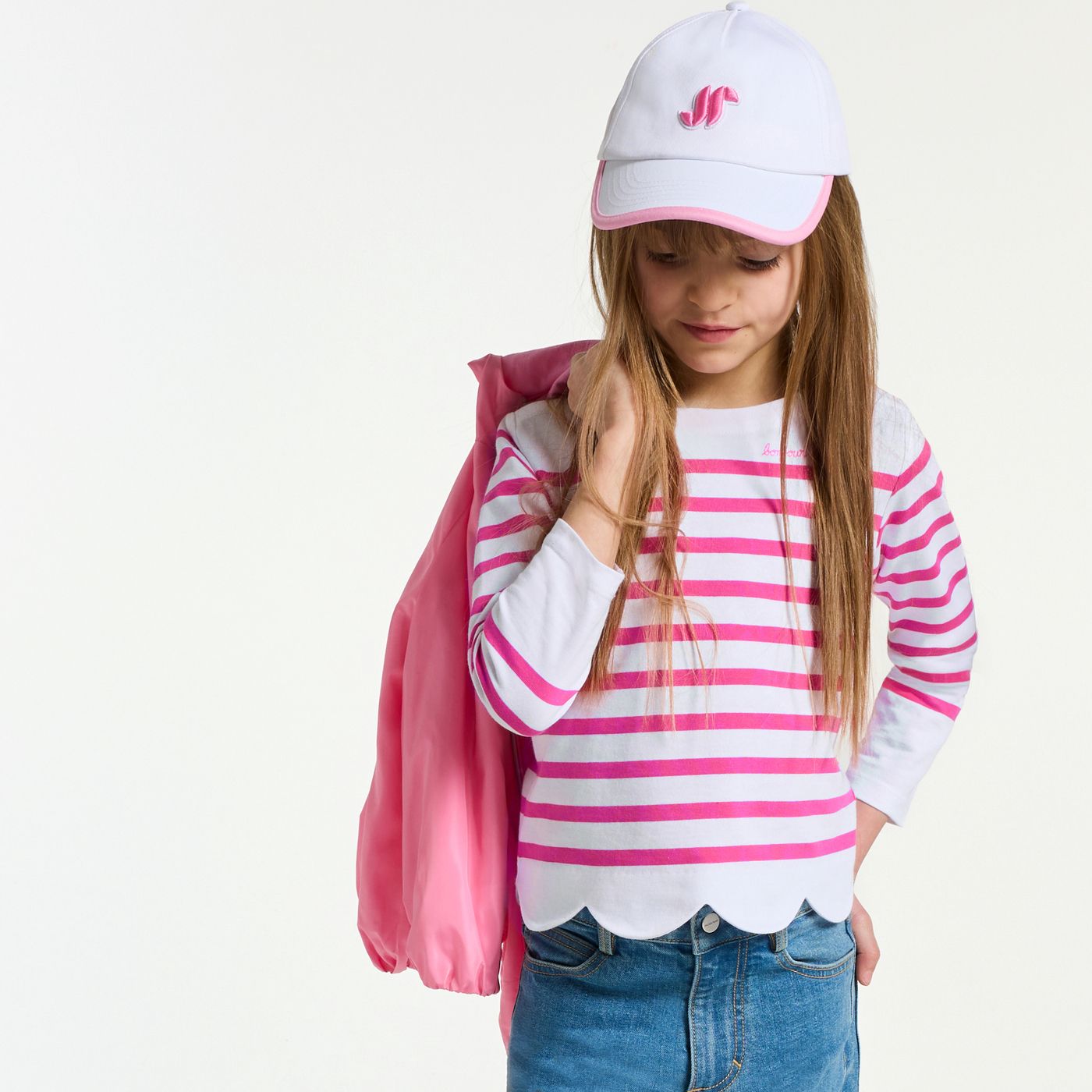 Girl cotton Breton T-shirt - White/Pink