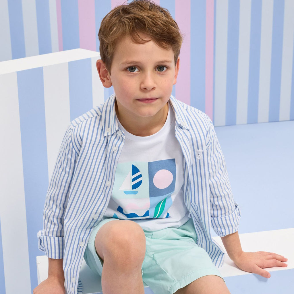 Shirt Striped in Oxford Cotton Boy - White/Light Blue