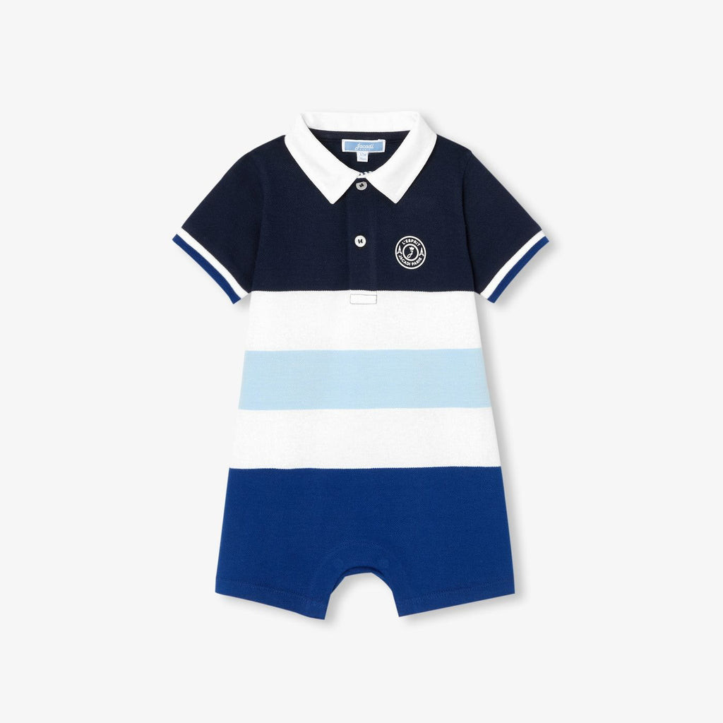 Short Romper in Cotton Piqué Baby Boy - White/Light Blue