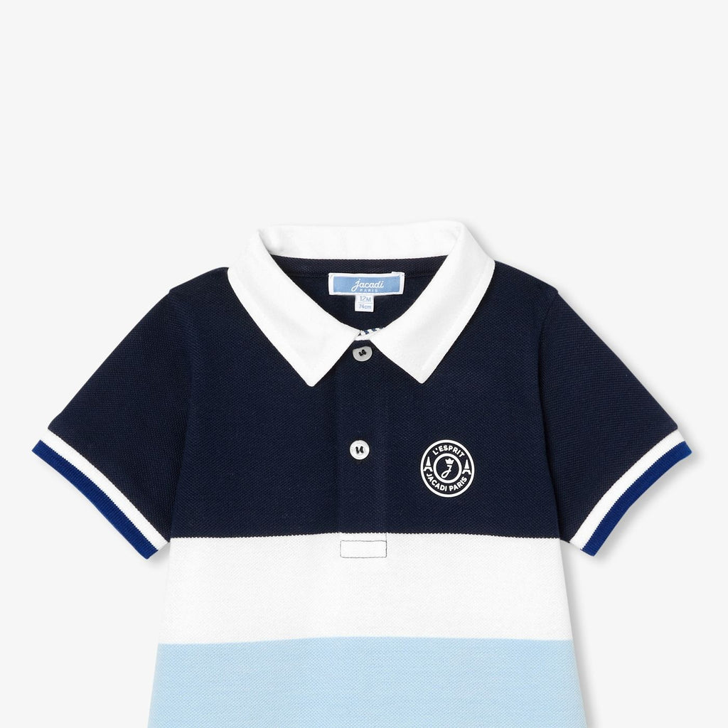 Short Romper in Cotton Piqué Baby Boy - White/Light Blue