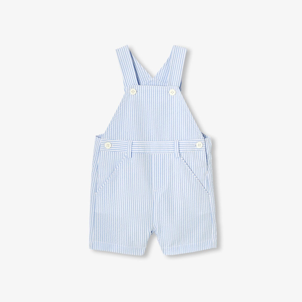 Short Dungarees in Seersucker Baby Boy - White/Sky Blue