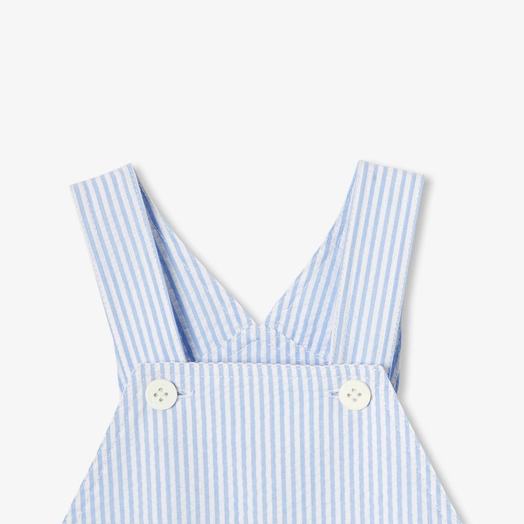 Short Dungarees in Seersucker Baby Boy - White/Sky Blue