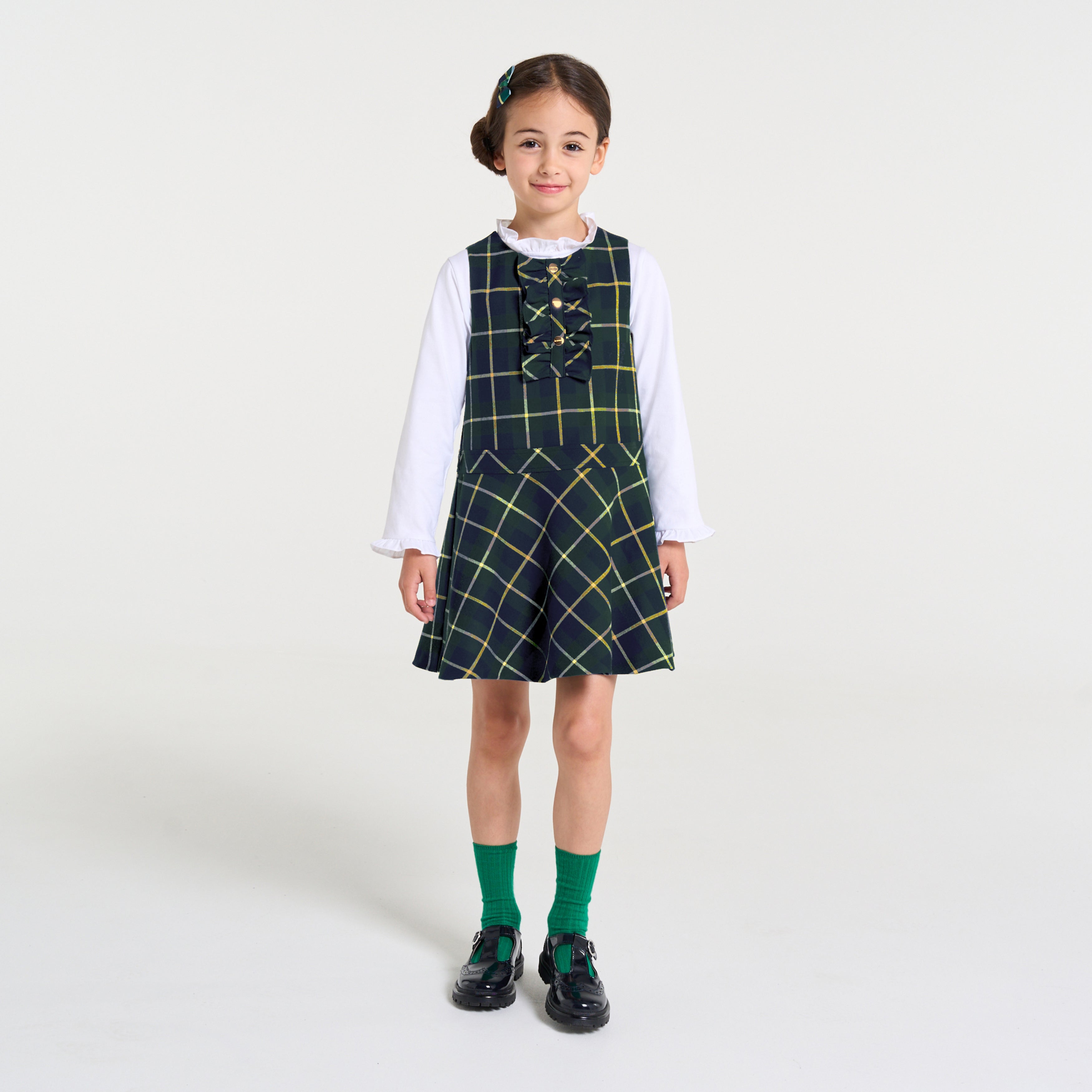 JC-TG062 Jacadi Girls Wool-Blend Flannel Pinafore Dress (Green Multi)