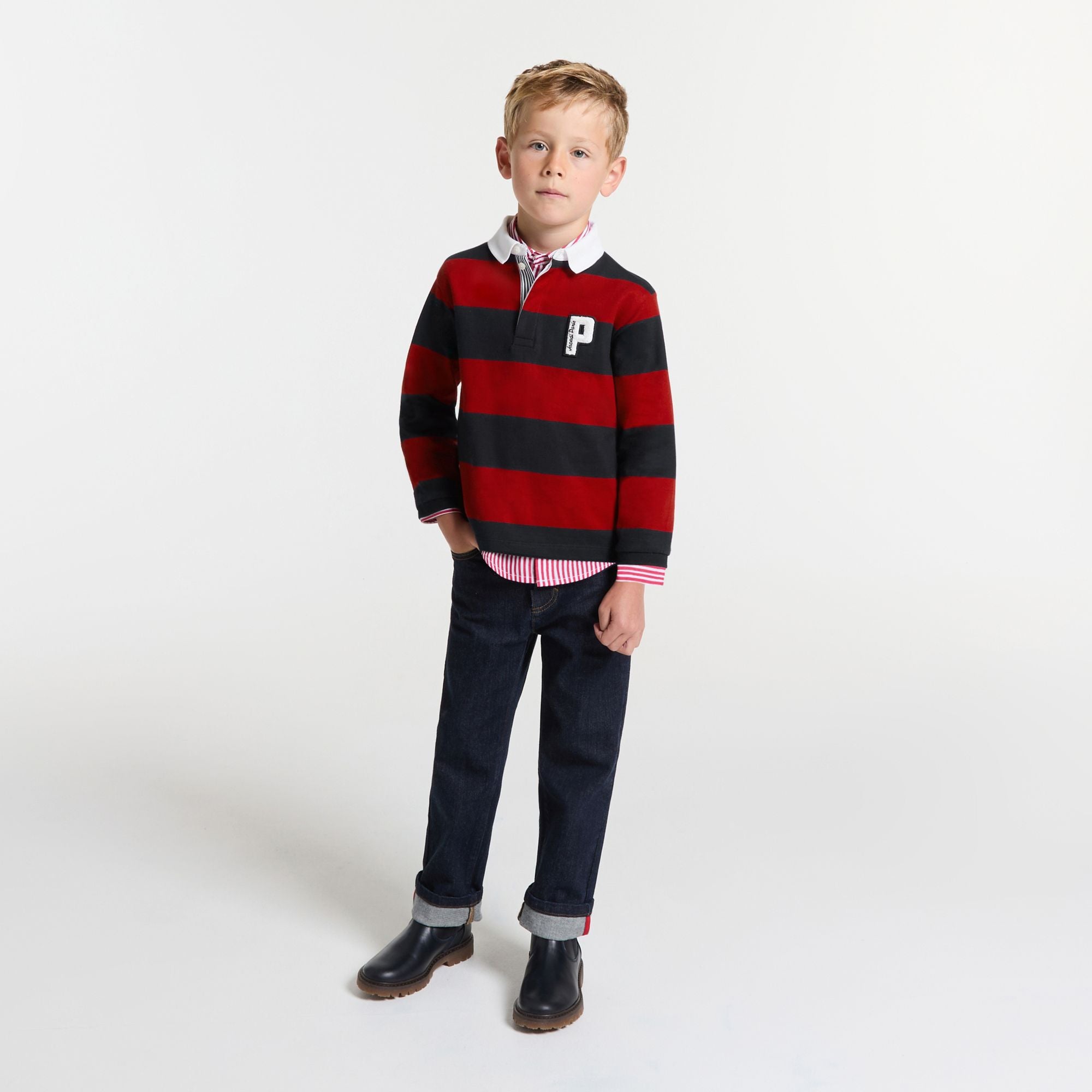 Boy rugby-style polo shirt - Navy Blue/Red