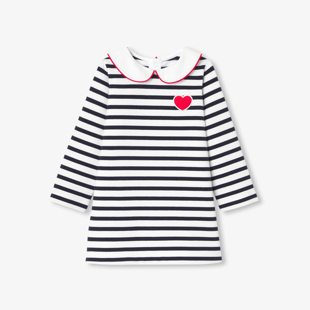 JC-NG055 Jacadi Baby Girl Striped Fleece Dress - White and Navy