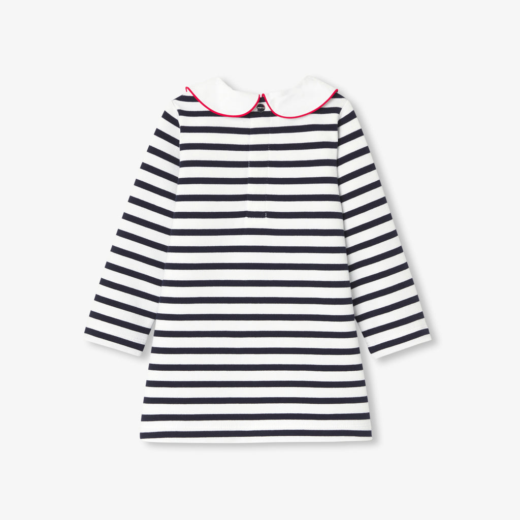 JC-NG055 Jacadi Baby Girl Striped Fleece Dress - White and Navy