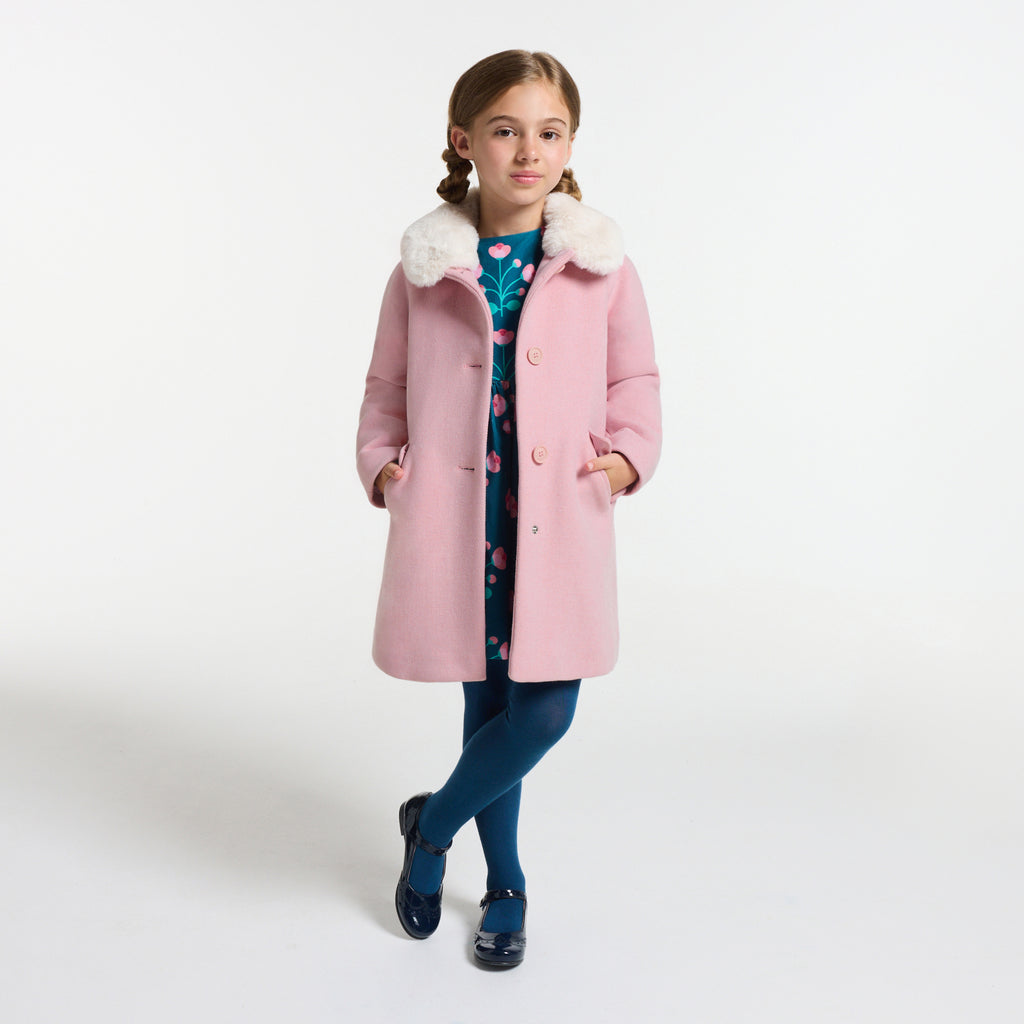 JC-TG038 Jacadi Girls Virgin Wool Coat with Detachable Faux-Fur Collar