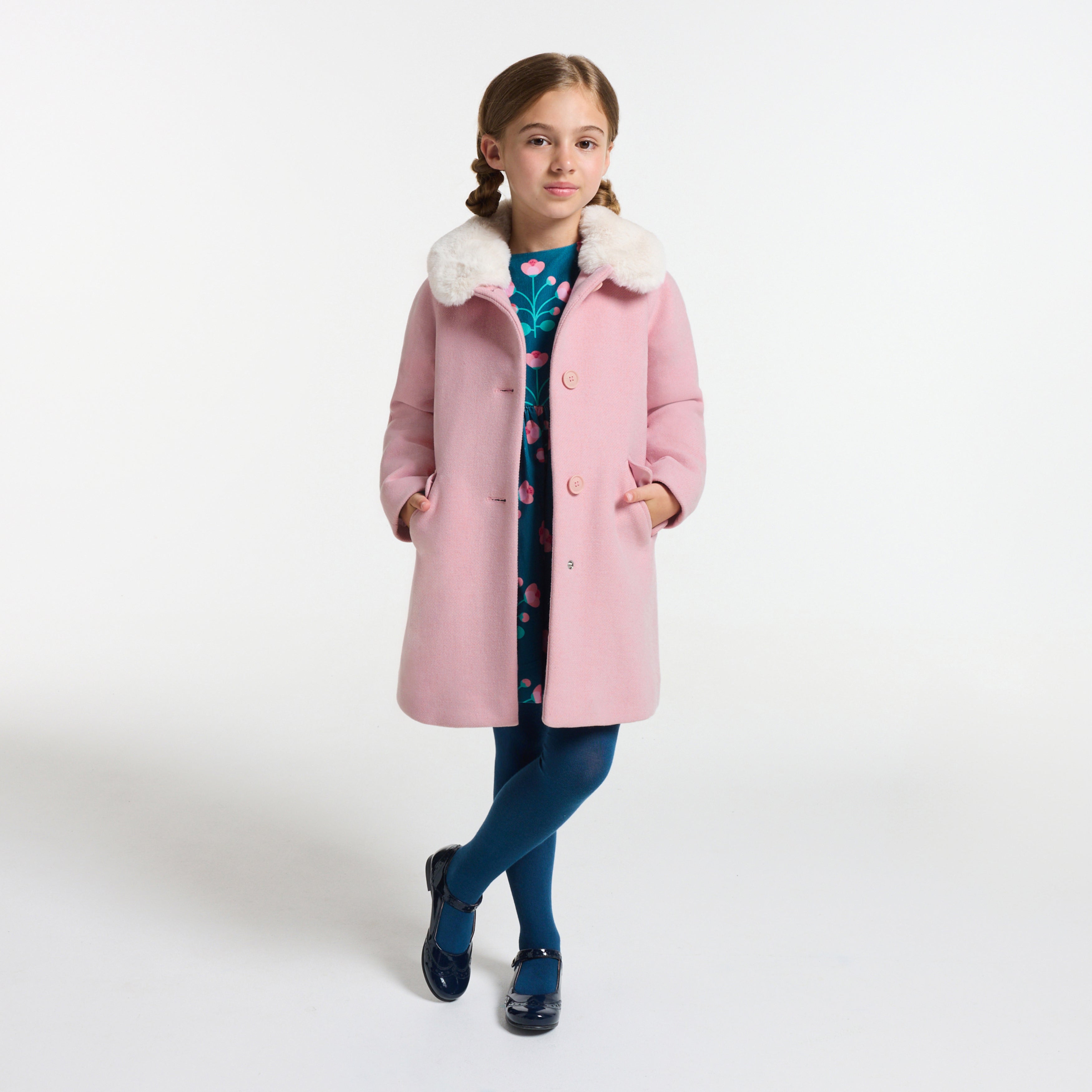 JC-TG038 Jacadi Girls Virgin Wool Coat with Detachable Faux-Fur Collar