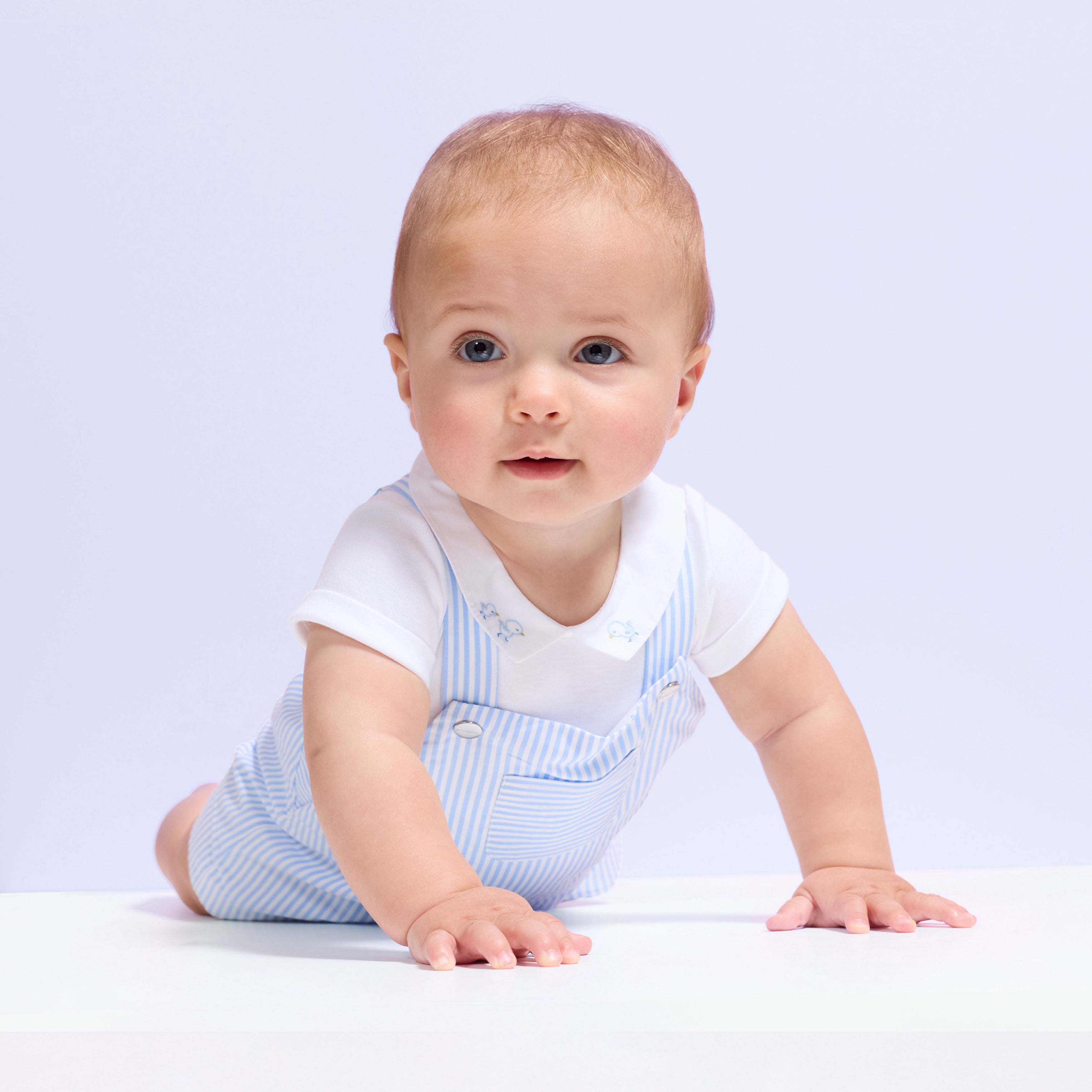 Baby boy striped poplin short dungarees - Blue/White
